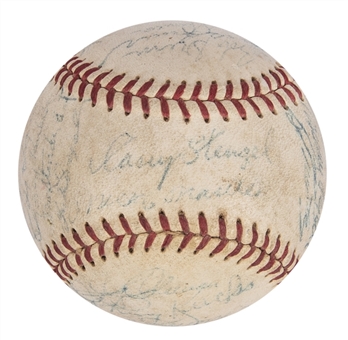 1957 American League Champion New York Yankees Team Signed OAL Harridge Baseball With 29 Signatures Including Mickey Mantle, Whitey Ford, Yogi Berra, and Casey Stengel (JSA)